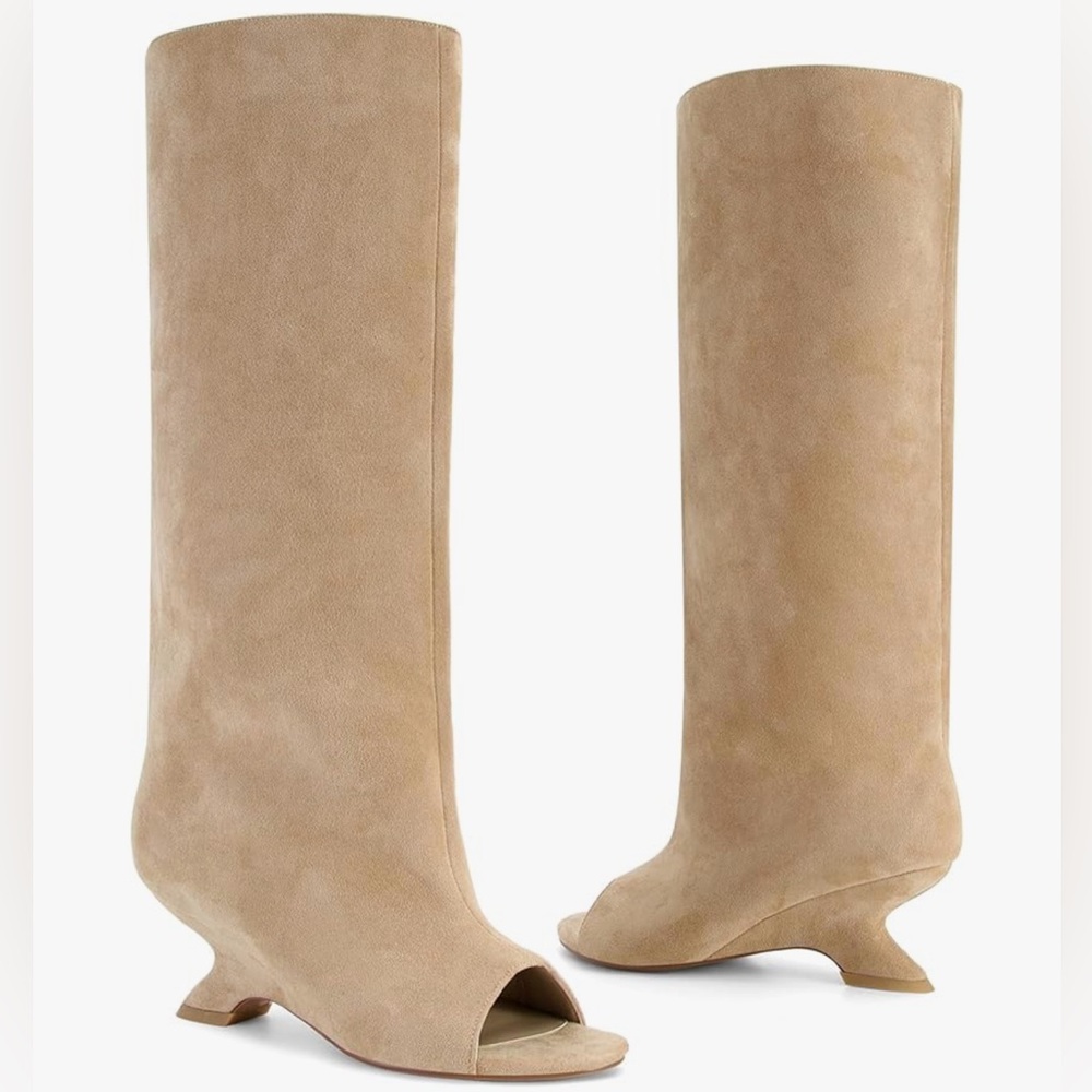 Tan Peep-Toe Knee-High Pull-On Wedge Heel Long Tall Boots - NEW - Picture 2 of 6